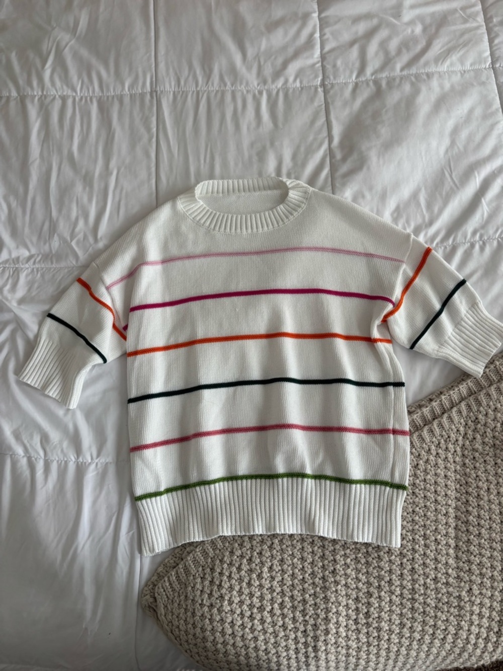 White Short-Sleeve Sweater with Multicolor Stripes